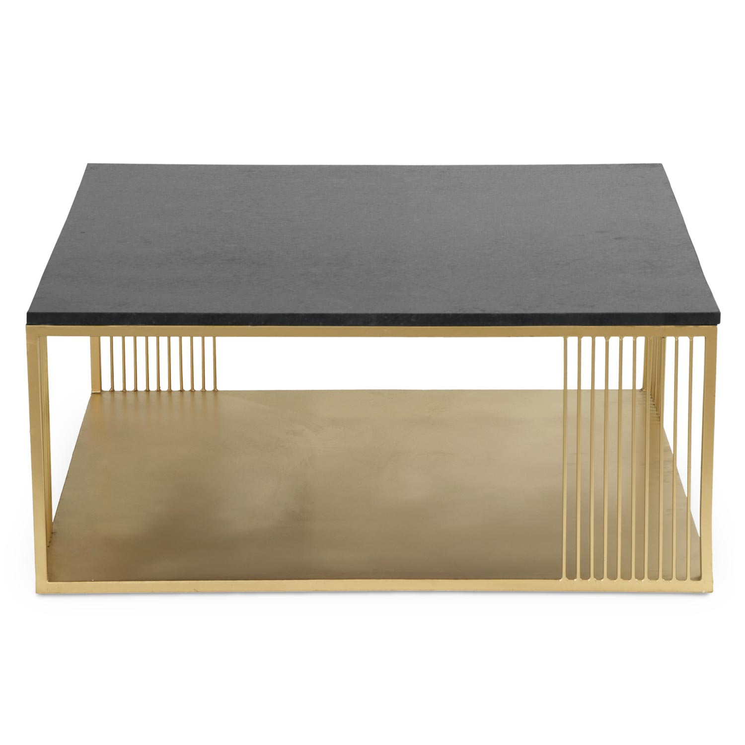 Vierkante salontafel van zwart marmer en goudkleurig metaal