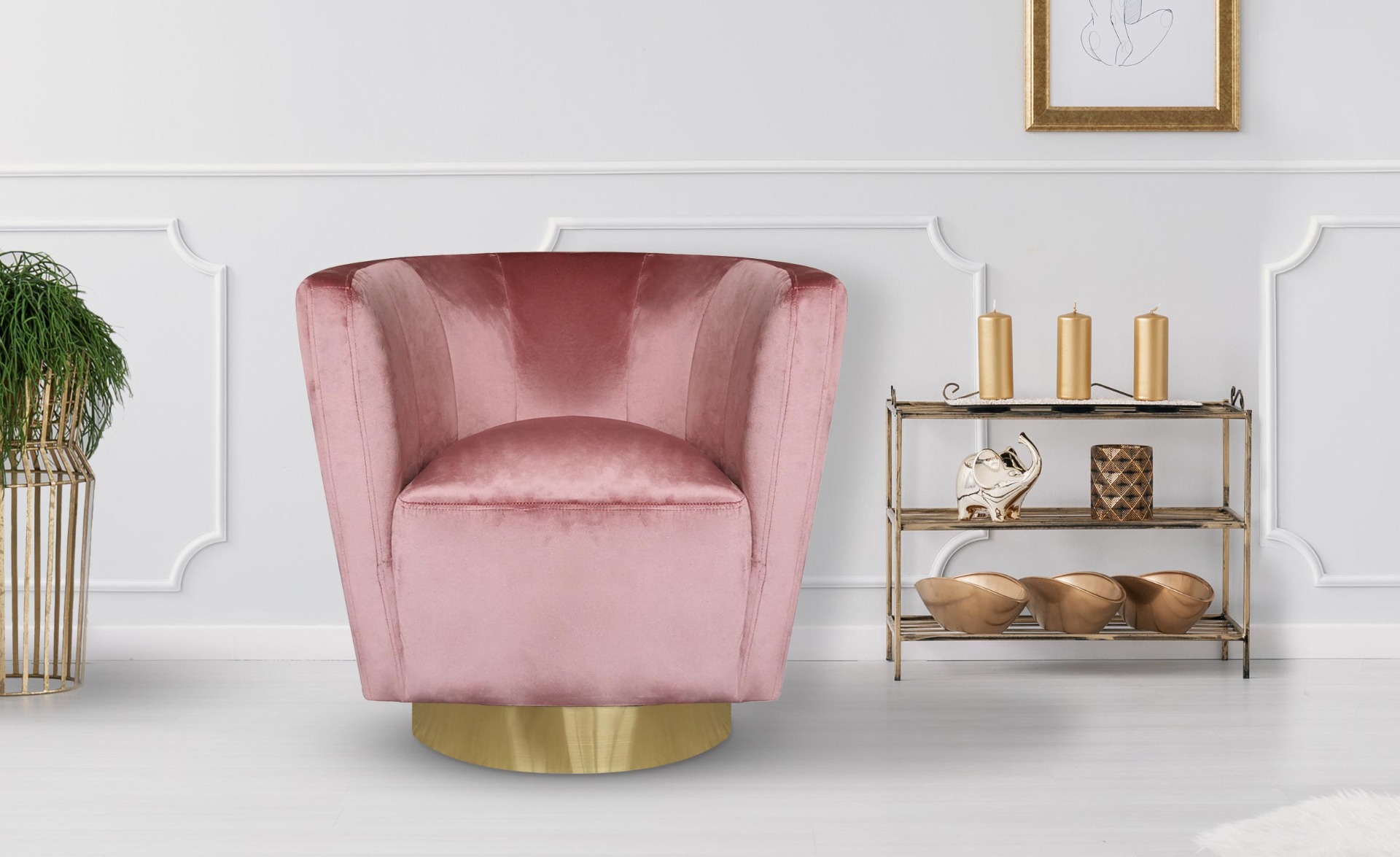 Denver ronde fauteuil roze fluweel met gouden voet