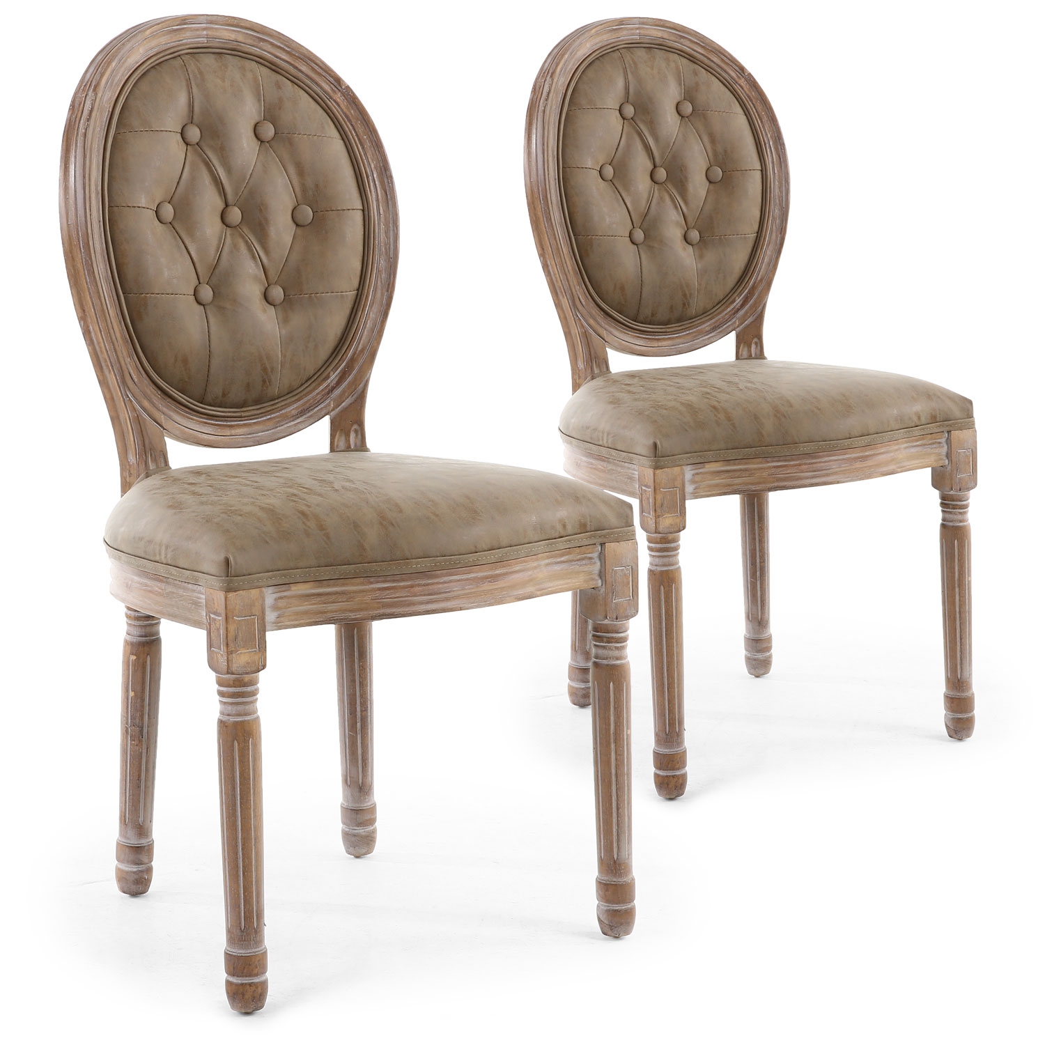 Lot de 2 chaises de style médaillon Louis XVI Bois patiné & Simili capitonné taupe