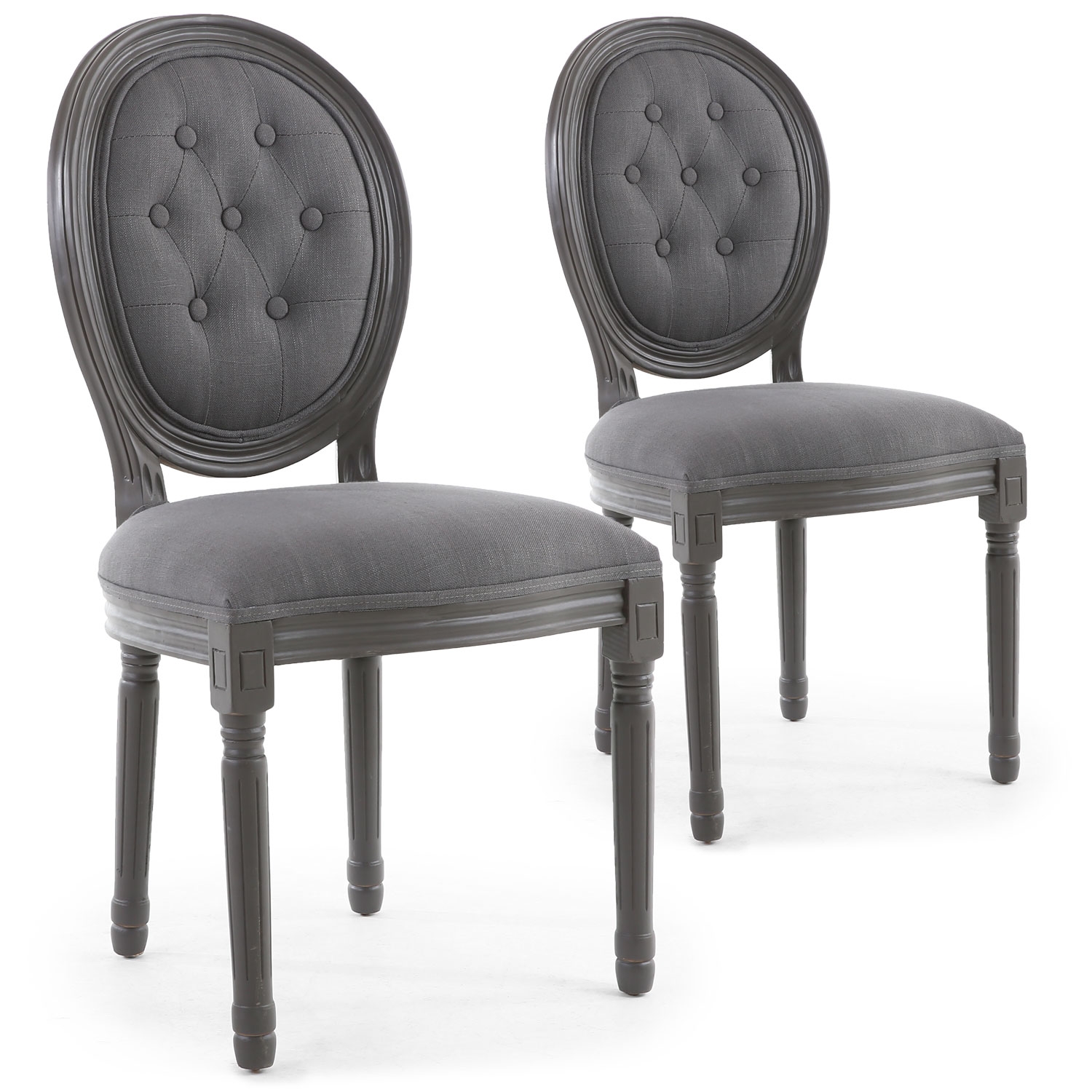 Lot de 2 chaises de style médaillon Louis XVI Bois gris & Tissu capitonné gris