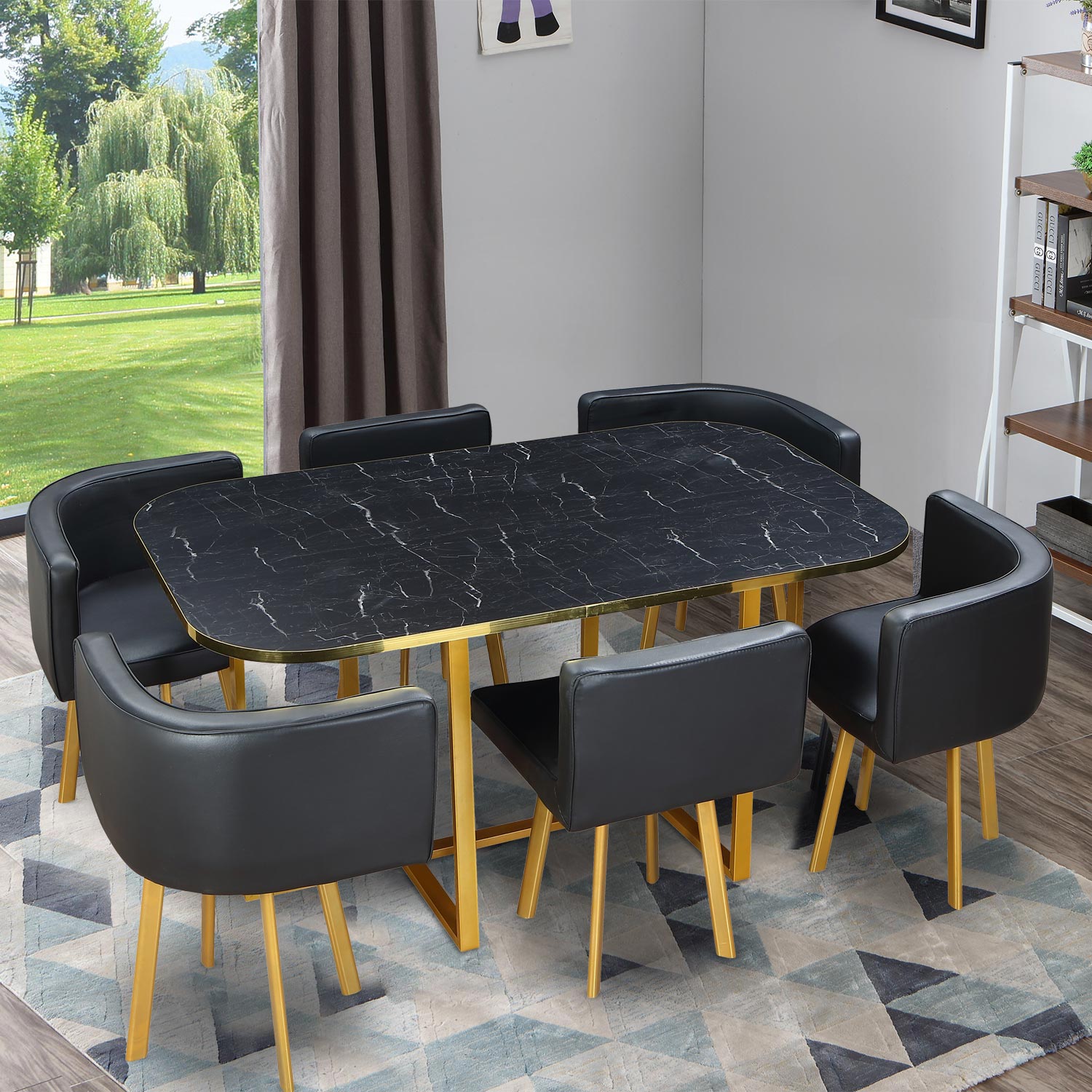 Oslo XL gouden tafel en stoelen met zwart marmereffect en zwarte Simili